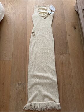 SNDYS Gold Maxi Dress with Rosette Accents and Fringe